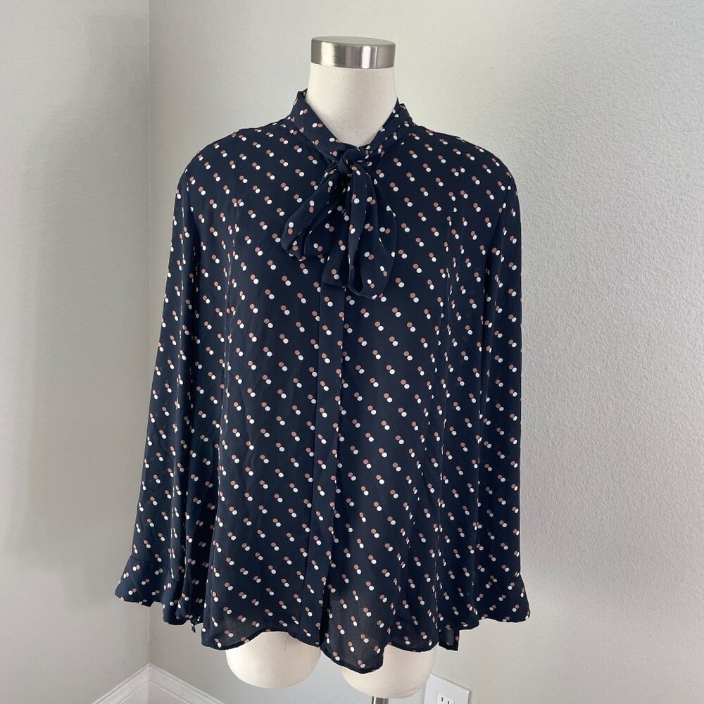 Ann Taylor Womens Large Black Polka Dot Tie Neck Blouse Long Sleeve Shirt Top